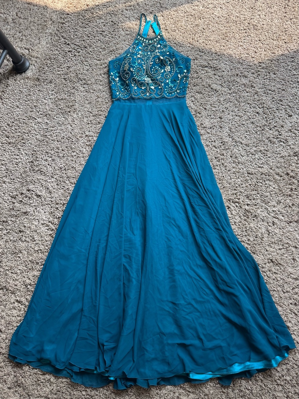 Dancing Queen Teal Beaded Halter Prom Gown